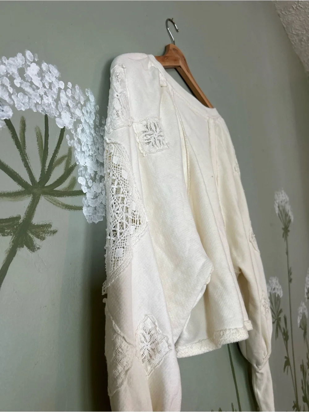 Free People Cream Long-Sleeve Lace-Inset Pullover Top